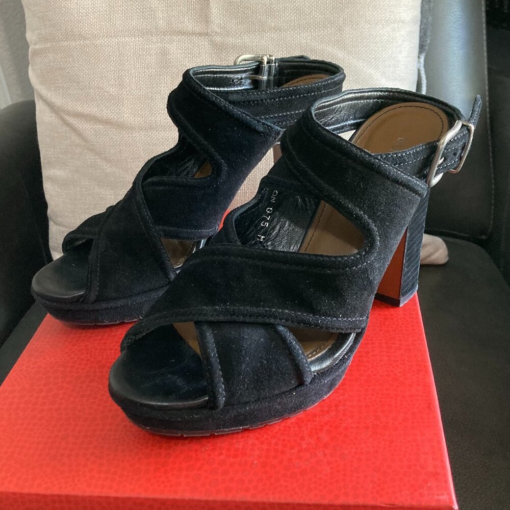 DONALD J PLINER BLACK CRISS CROSS 4" HEELS WOMEN'S SANDALS ANKLE STRAP SIZE 7.5M